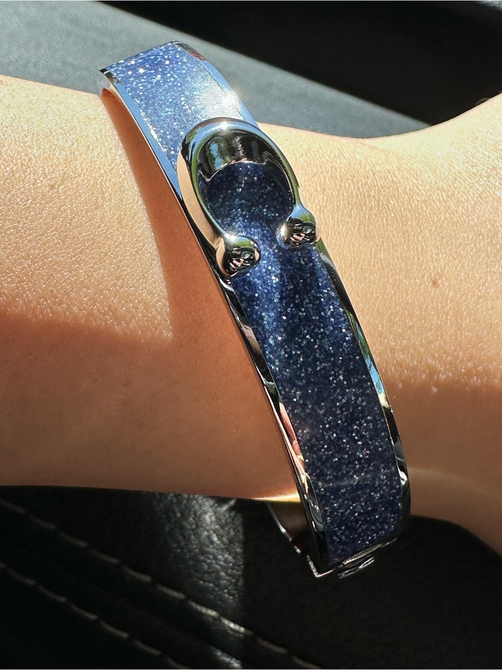 Coach blue/navy glitter enamel C buckle hinged bracelet NWT silver tone